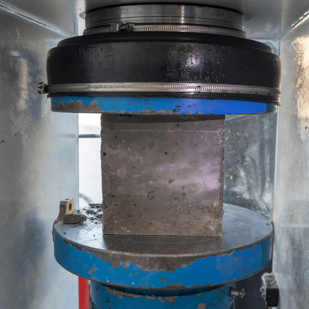 یک مکعب بتن زیر دستگاه تست مقاومت فشاری